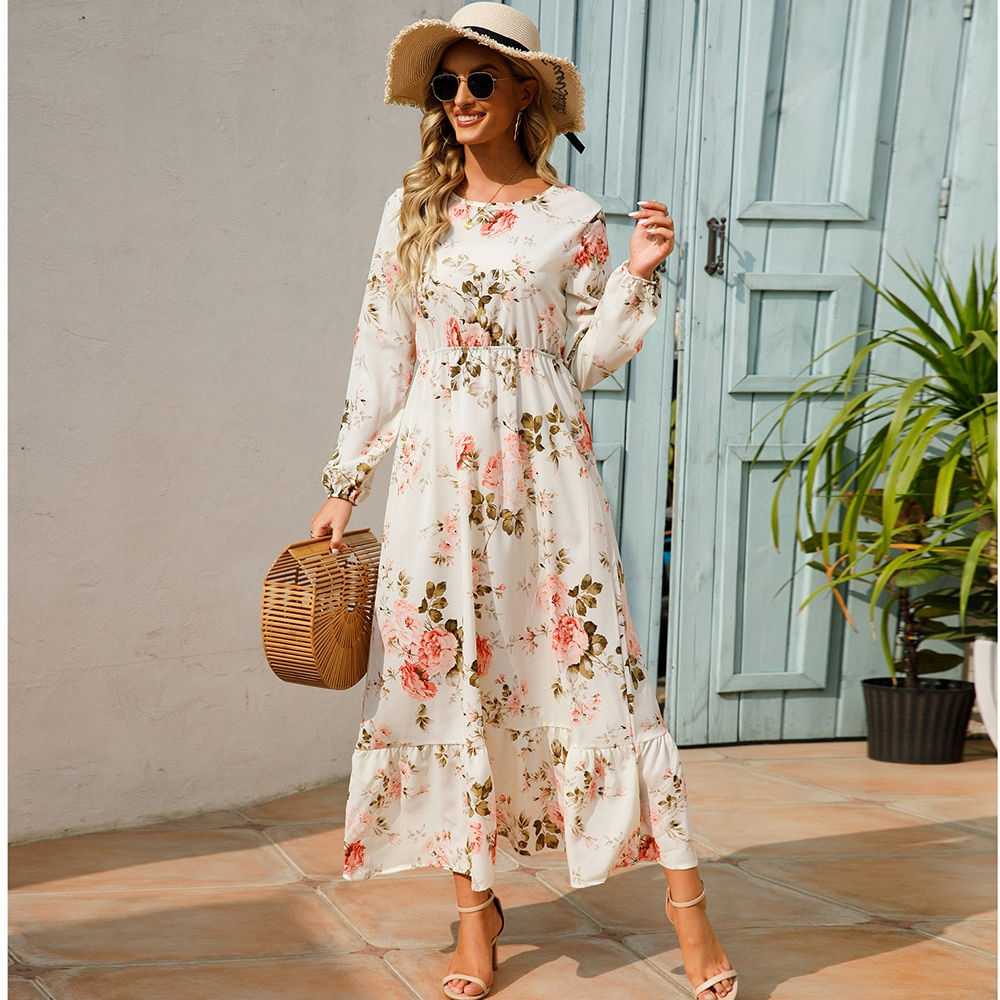 2023 Sping Summer Bohemian Women Maxi Dress Casual Long Sleeve High Waist Beach