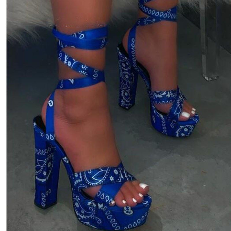 Bandana Print High Heel Sandals For Women Summer 2022 Cross Strap Graffiti