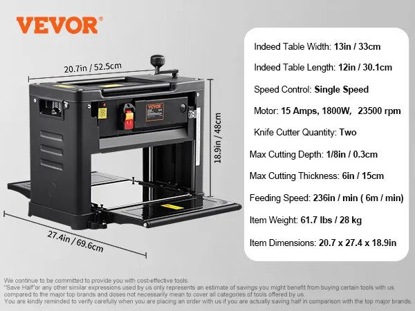 VEVOR Thickness Planer 13inch Benchtop Planer with Two-Blade 15-Amp 1800W Power