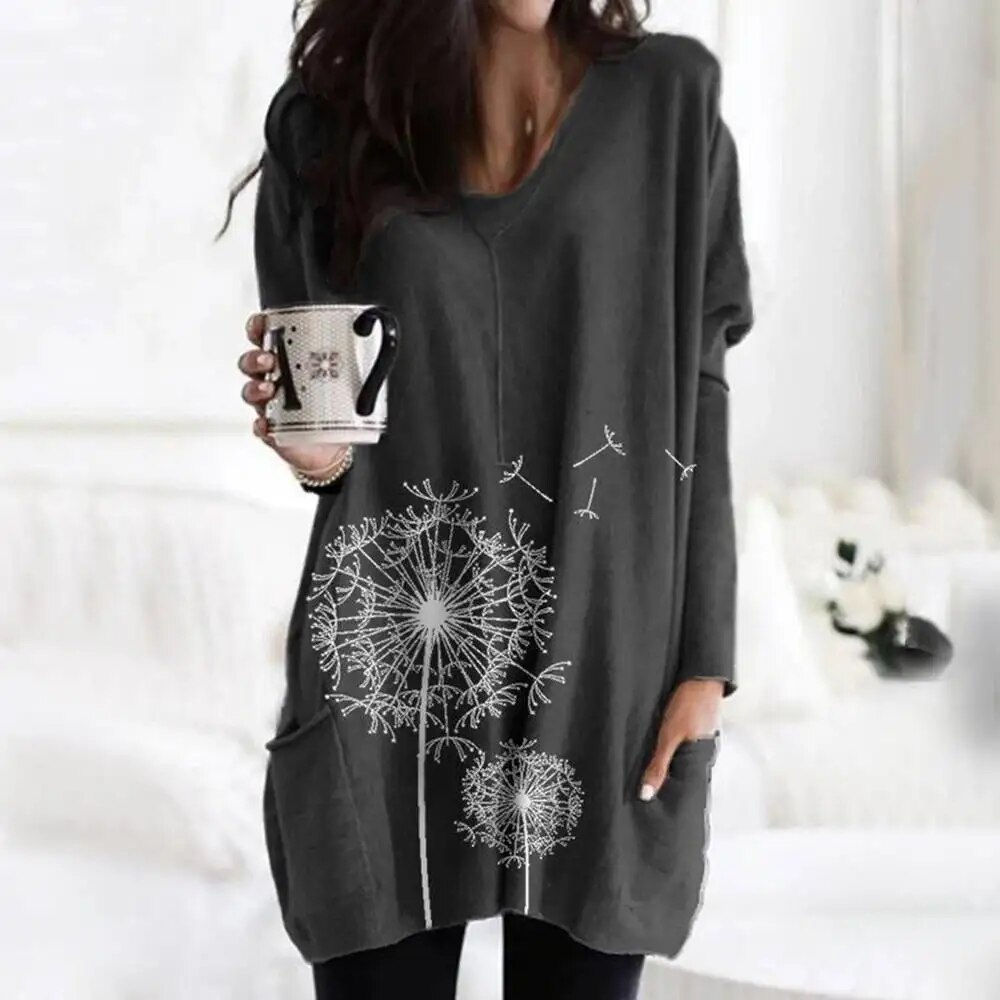 Women's Floral Print Long Sleeve Tunic Tops T-shirt Ladies Casual Loose Blouse