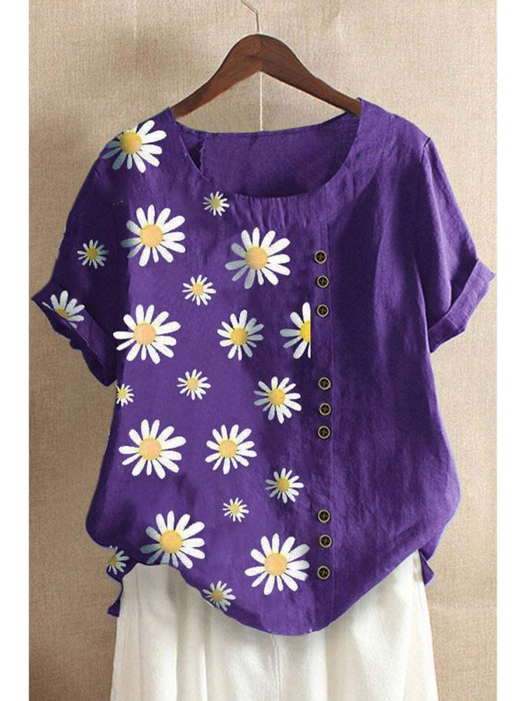 Thumbnail: Plus Size Daisy-Print Cotton Linen Shirt Casual Summer Women O-Neck Short Sleev