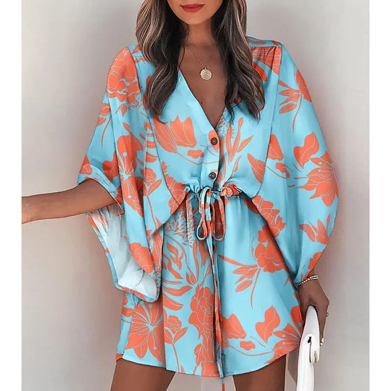 Miniatura: Summer Boho Mini Dress Women Flora Print Batwing Sleeve Lace-Up V Neck Loose Bu