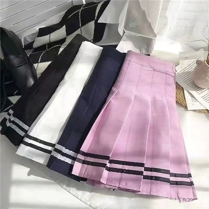 Thumbnail: Preppy Pleated Skirt Female Student Short Skirt New Striped Navy Style Solid Co