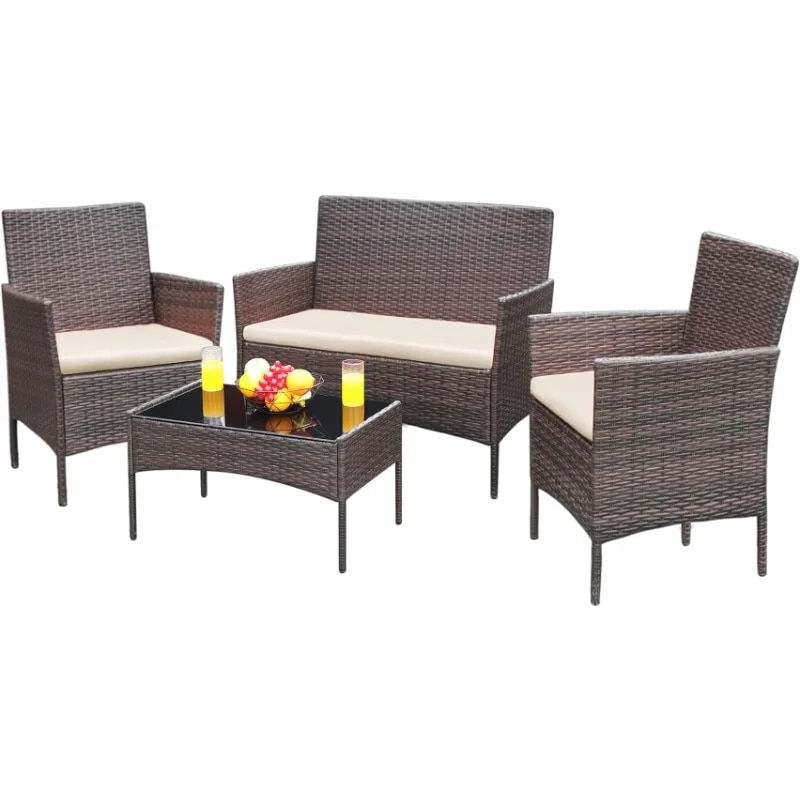 Thumbnail: Greesum Patio Furniture 4 Pieces Conversation Sets Outdoor Wicker Rattan Chairs