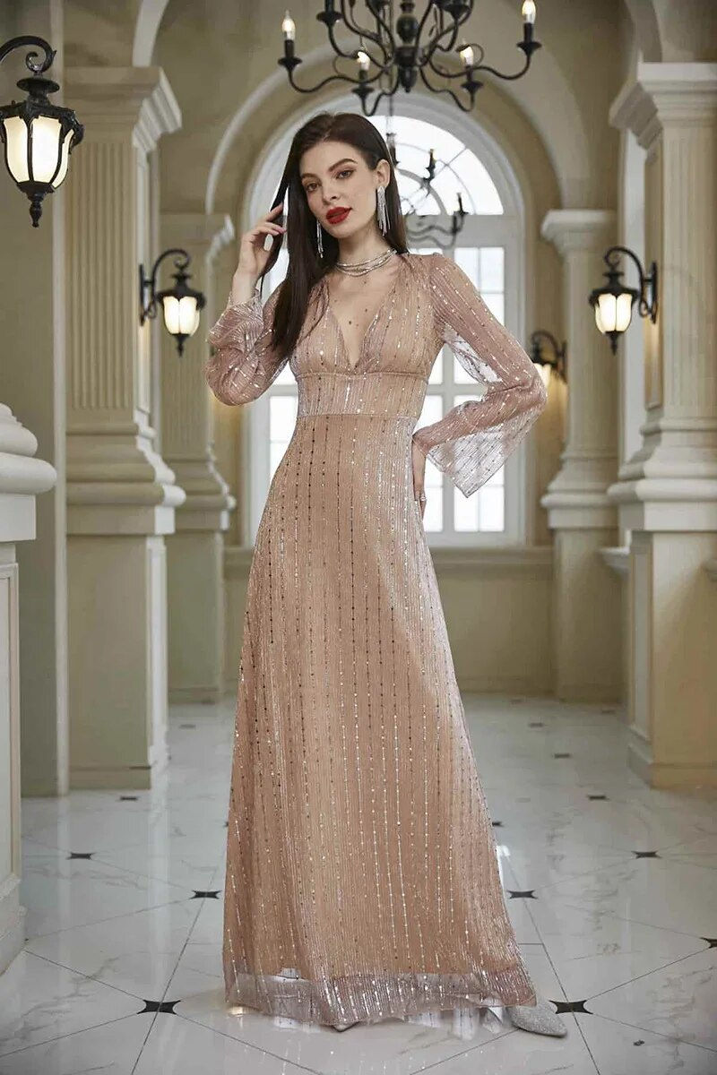 Autumn Sexy Long Sleeve V Neck Evening Dresses Sequins Formal Party Gowns High