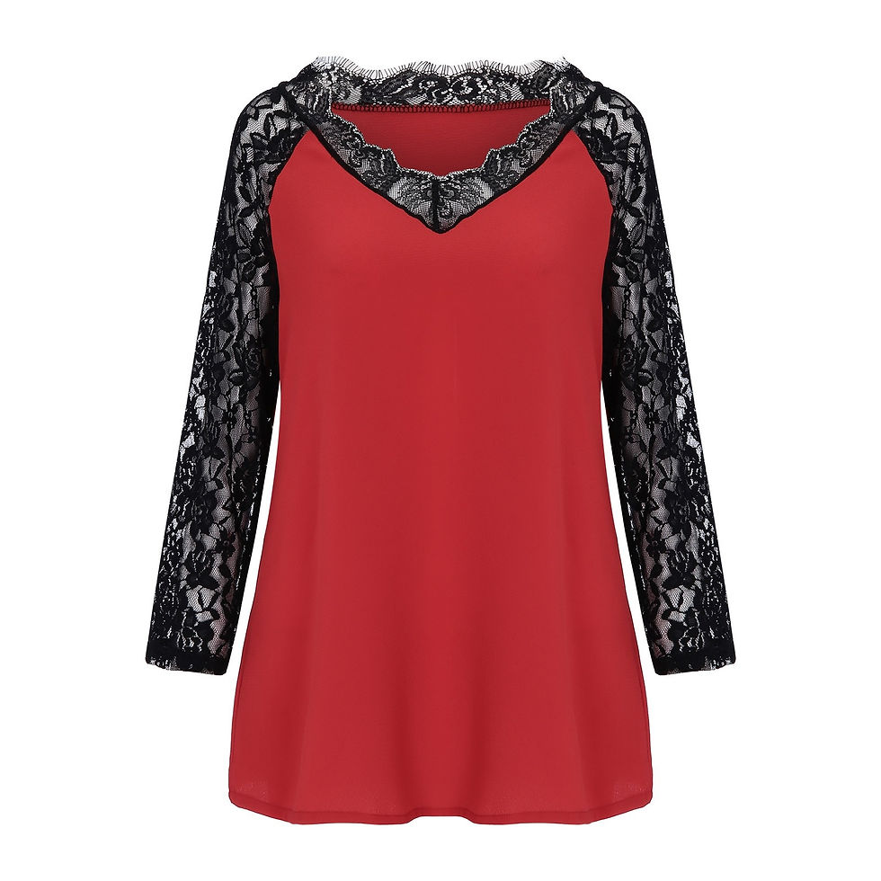 Thumbnail: Plus Size Lace Blouse Women Summer Autumn Casual Long Sleeve V-Neck Lace Patchw
