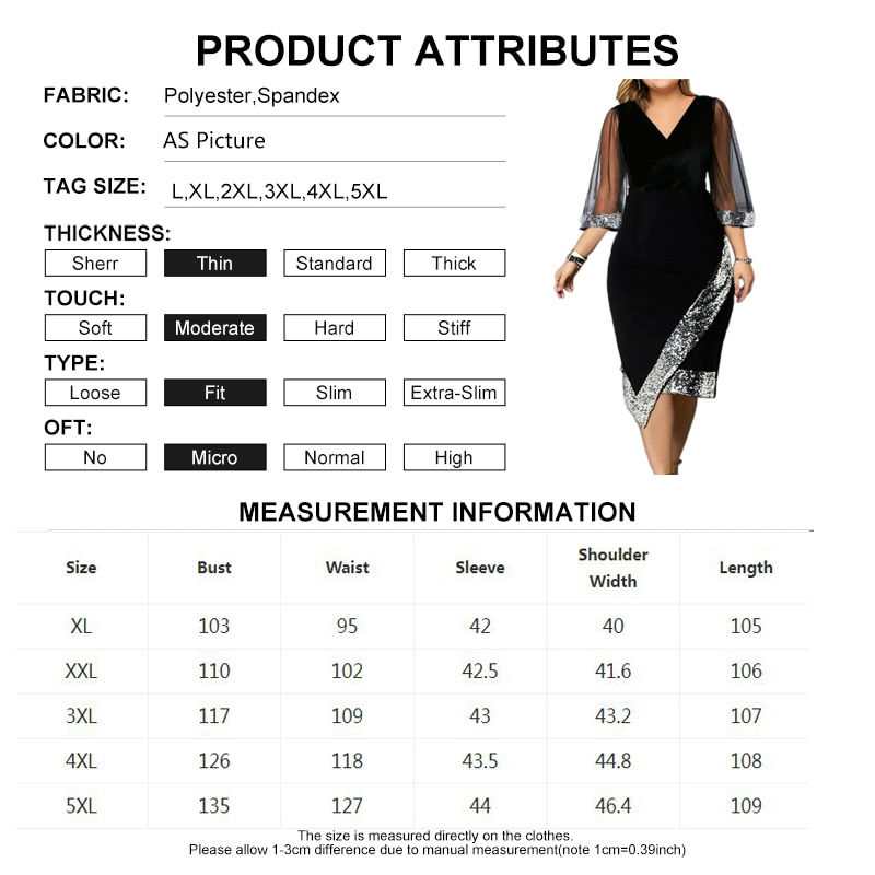 Thumbnail: Women Plus Size Curve Sequin Evening Dresses V Neck Ruched Mesh Sleeve Spring S