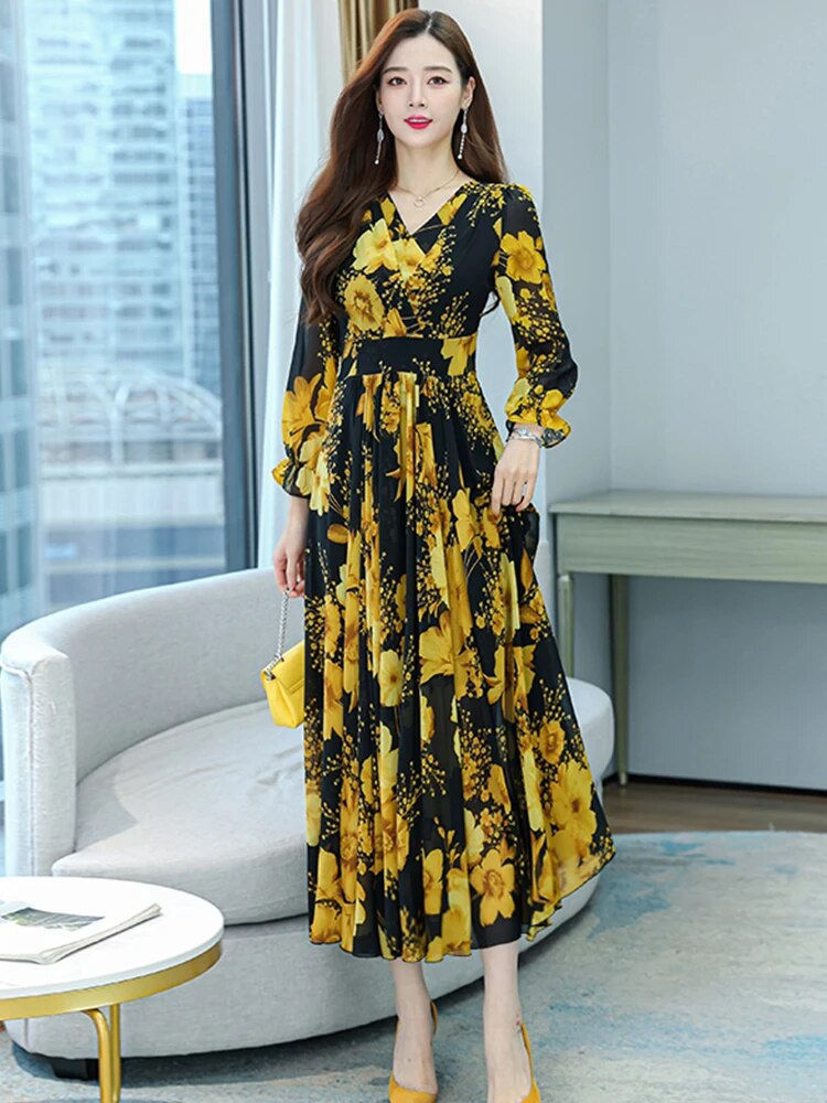 Miniatúra: 2023 Spring Casual Chiffon Floral Yellow Fashion Dresses For Women Beach Prom L