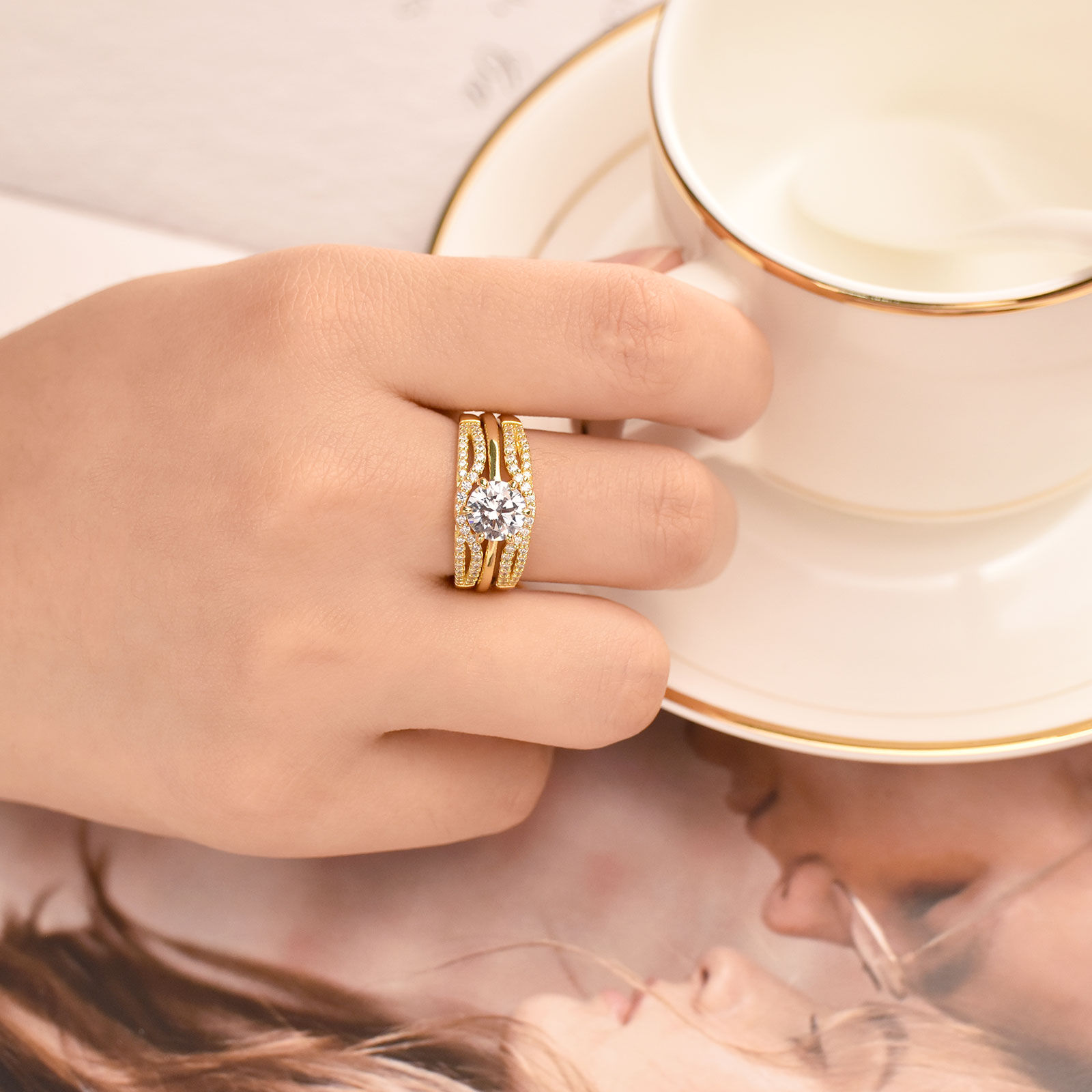 Newshe Yellow Gold Color 925 Silver Solitaire Brilliant Round Engagement Rings
