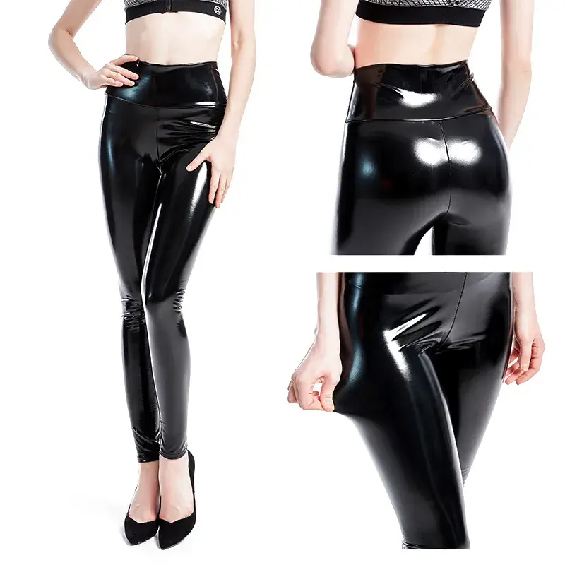 Miniatura: NEW2023 YGYEEG Push Up Women Black Leggings High Waist Elastic PU