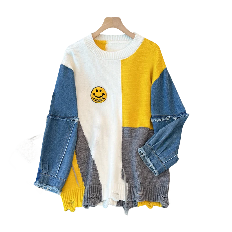 Thumbnail: Loose Plus Size Denim Patchwork Tassel Women Sweaters Tops Autumn Winter Lazy S