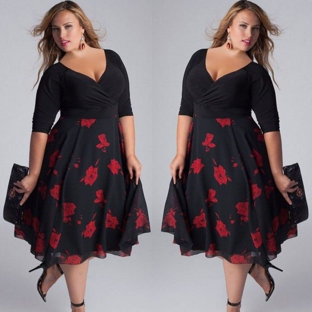 Women Plus Size Sexy Fashion Women Floral Print Mid Dress Elastic Waist Short
