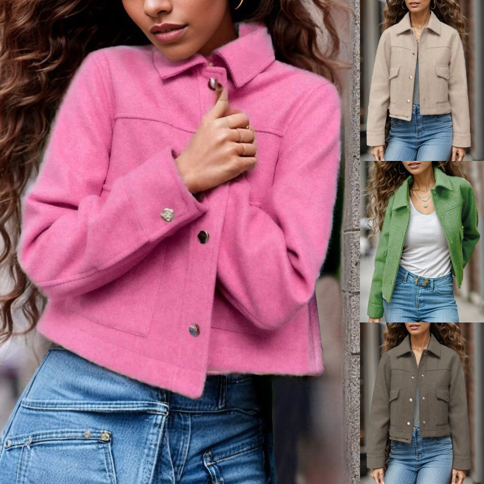 Womens Casual Button Solid Jacket Long Sleeve Coat Turndown Collar Short Pocket