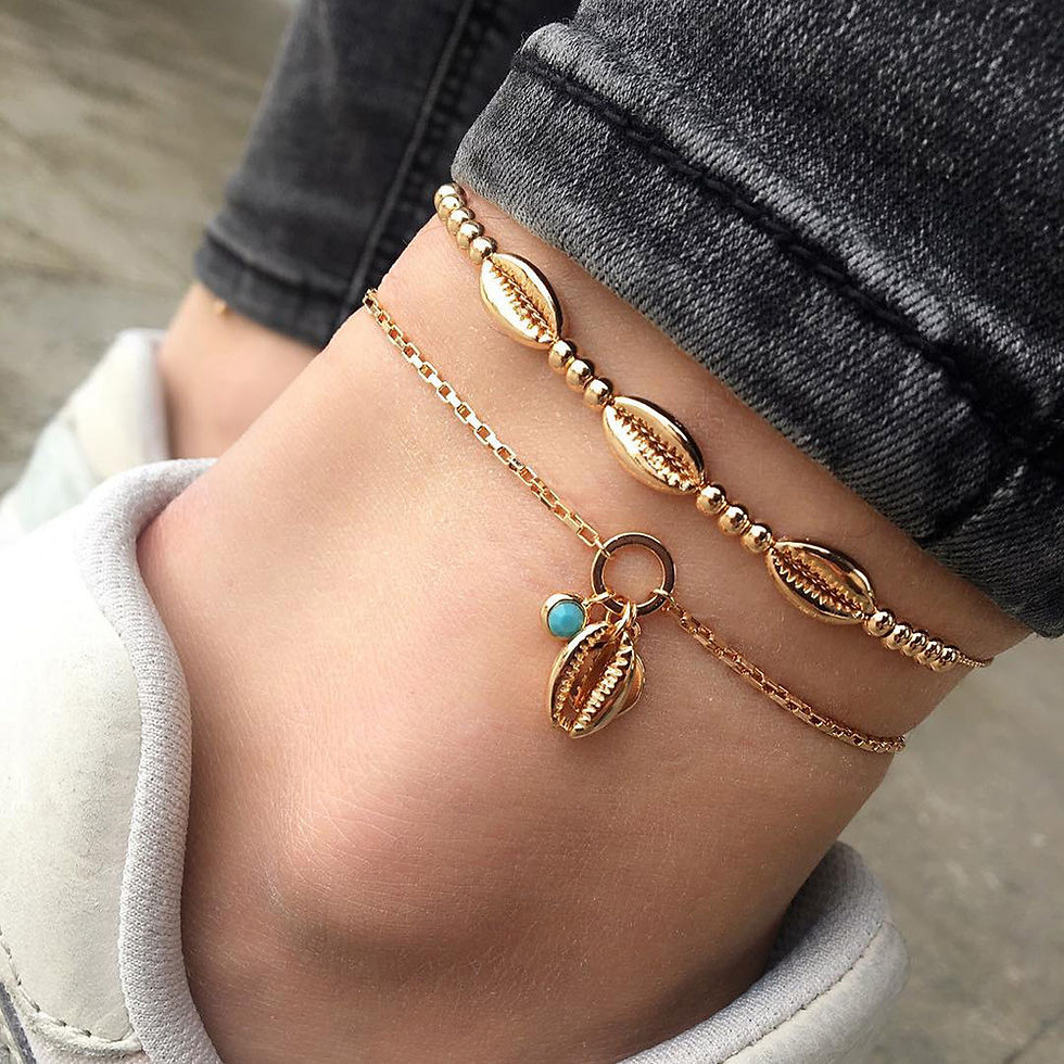 Thumbnail: Bohemian Style Handmade Beaded Metal Shell Anklet Personality Double Layer Beach