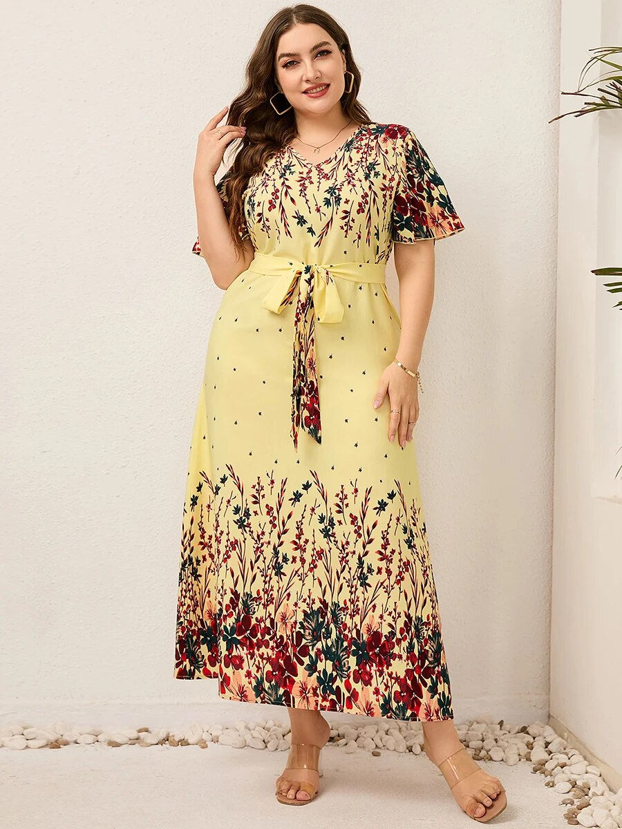 Thumbnail: 2023 Women Summer Long Dress V Neck Short Sleeve Floral Print Boho Beach Dress