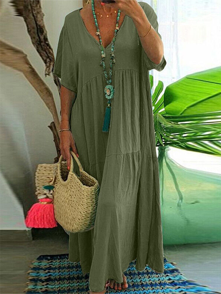 Thumbnail: Plus Size Dress Women 2023 Summer V-Neck Short Sleeve Pleated Solid Color Casua