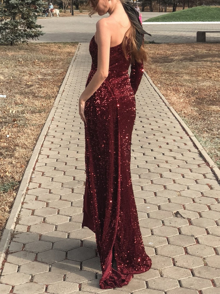 Thumbnail: Shiny Sequin Mermaid Prom Dress One Shoulder Full Sleeved Split Leg Padded Long