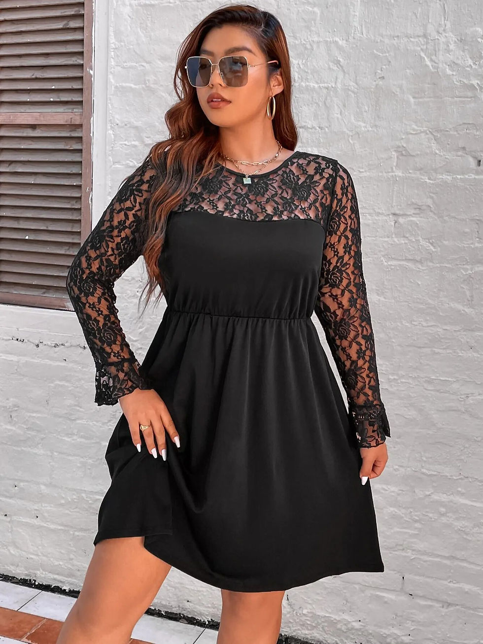 Thumbnail: Women Plus Size 4XL Lace Long Sleeves Midi Evening Party Dresses Fashion Elegan