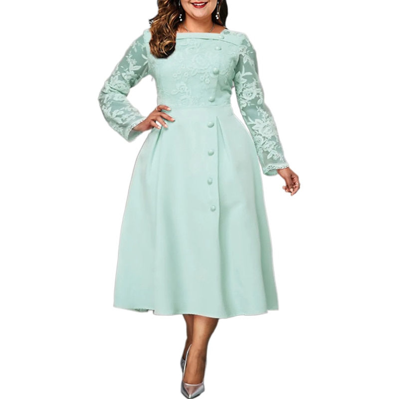 Plus Size Women Dress Patchwork Lace Long Sleeve Swing A-Line Work Dresses Squa
