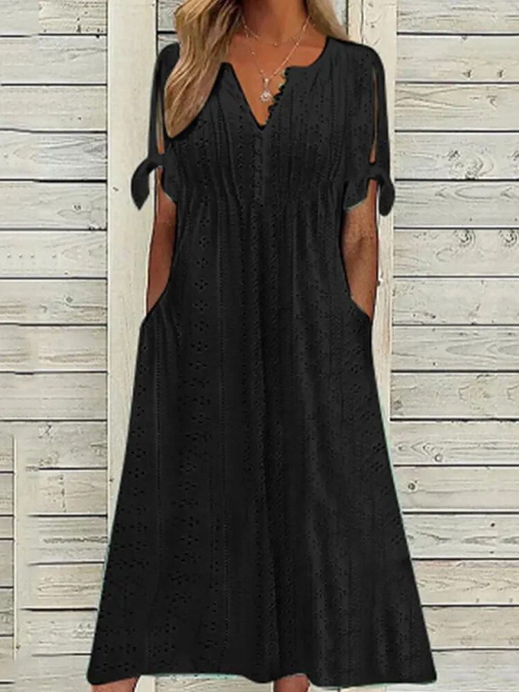 Thumbnail: Summer New Women's Dress With Hollow Out V-neck Lace Ruffles Chic Elegant Long