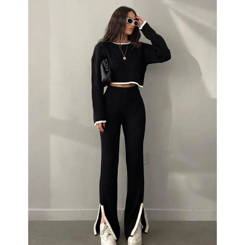 Thumbnail: Women Sweater Flare Pant Set Casual Pullovers Suits Autumn Winter Knitted Long
