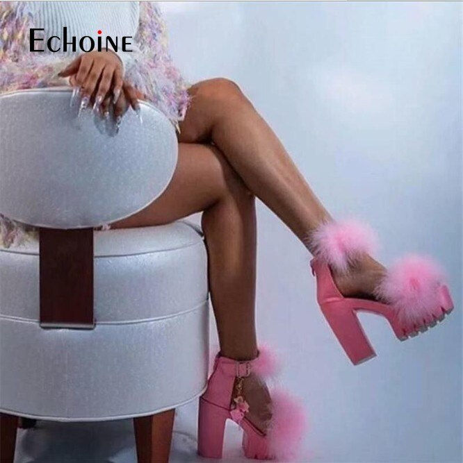Thumbnail: Echoine Summe Women Furry Sandals High Heels with Fur Female Platform