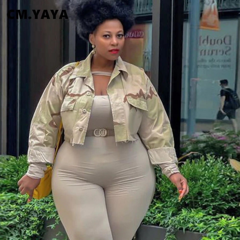 Thumbnail: CM.YAYA Women Plus Size Jackets Camoufalge Straight Loose Short Coats Female Fa