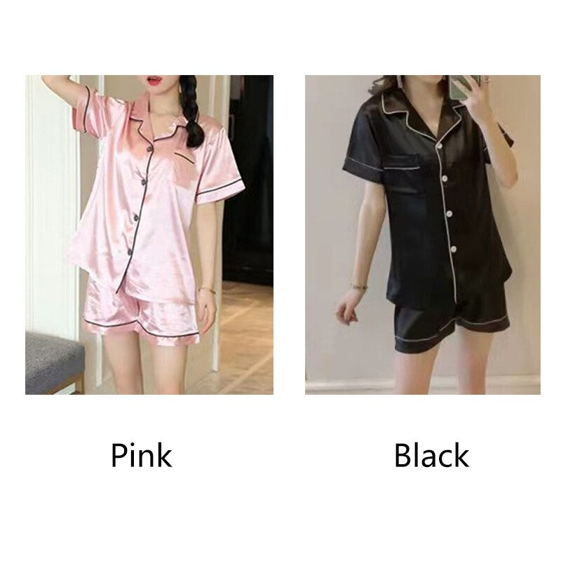 Thumbnail: Women Ice Silk Pajamas Set Sleepwear Nightgowns Nightdress Short Sleeve Shorts