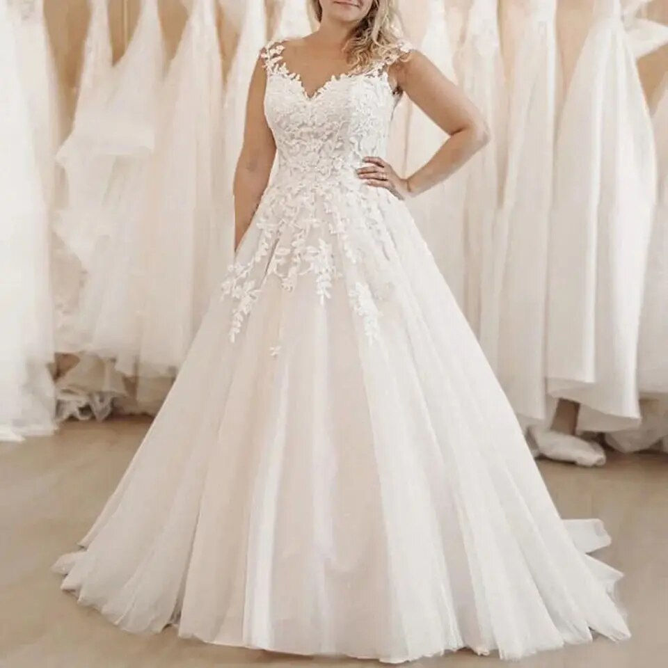 Thumbnail: Plus Size A-line Wedding Dresses Princess V-neck Floral Applique Lace Up Back B