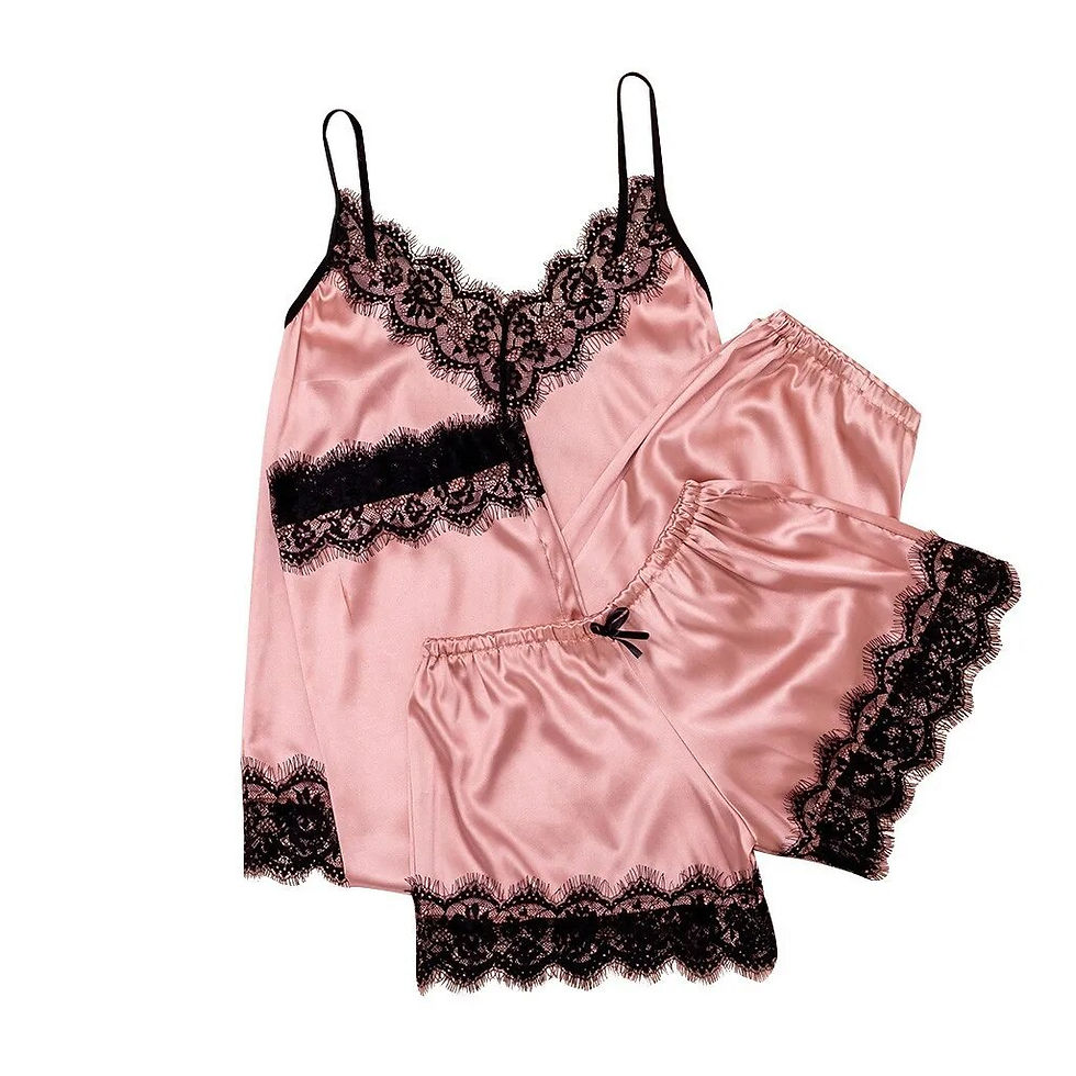 Thumbnail: Cute Pajama Set for Women Black Lace Satin V-Neck Pyjama Sleeveless Cute Cami T