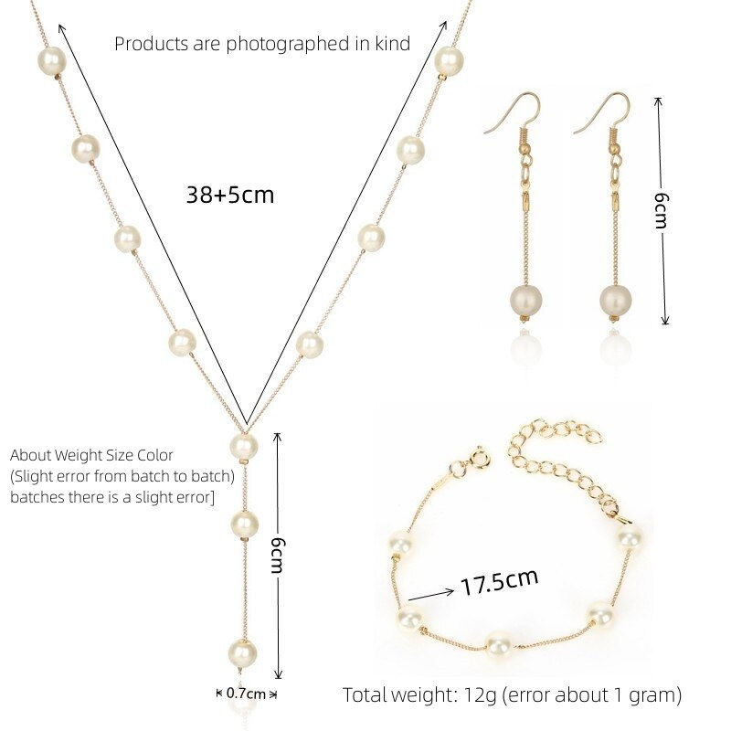 Thumbnail: 4pcs Gold-color Necklace Earring Bracelet Set Ladies Elegant Imitation-Pearls C