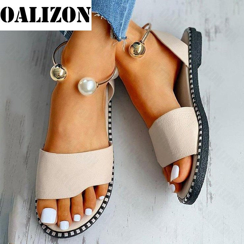 Thumbnail: 2023 New Summer Women Beaded Pearly Sandals Slippers Shoes Ladies Flats Sandals