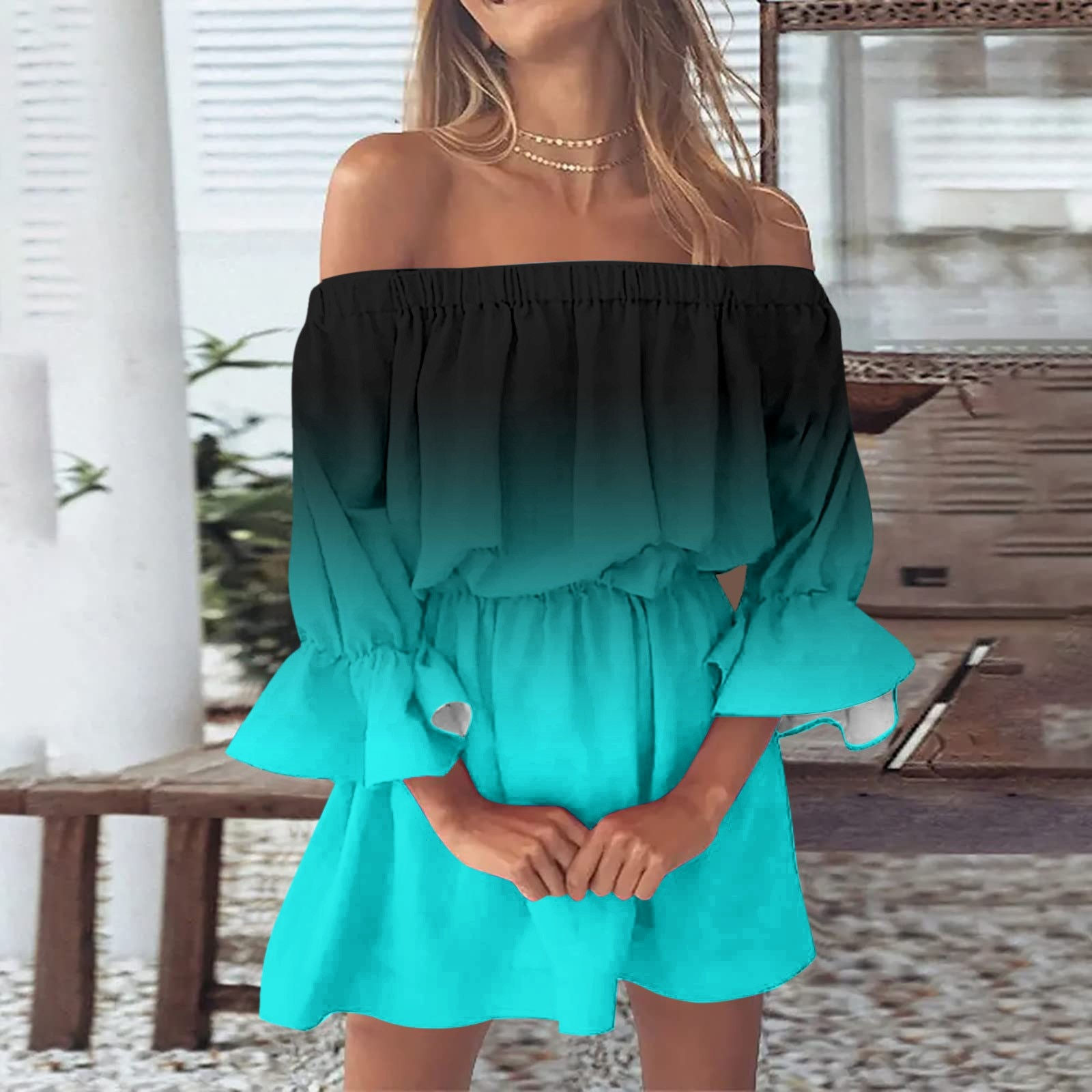 Fashion Off Shoulder Sundress Dresses Women Loose Gradient Print Boho Dress Bel