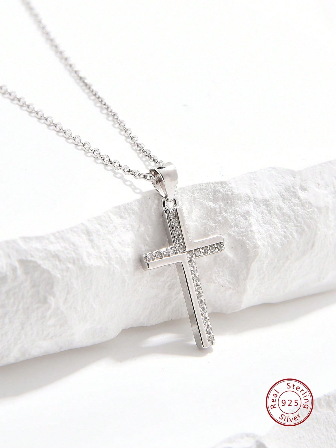 Men Cubic Zirconia Cross Charm Silver Necklace