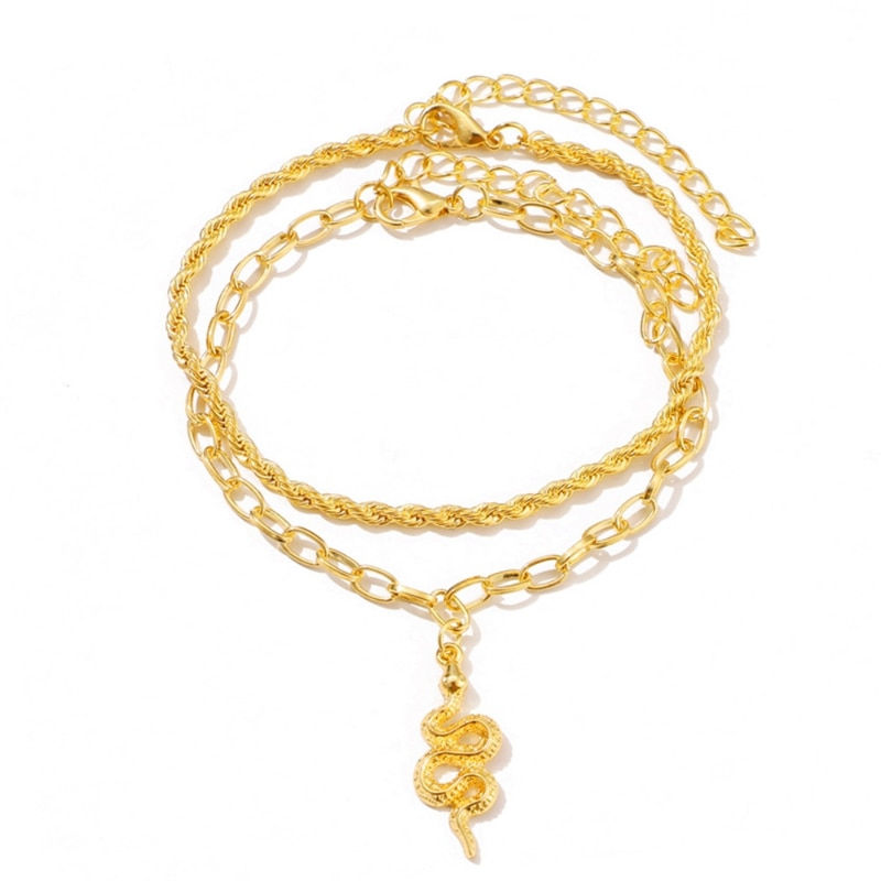 Thumbnail: Simple Vintage Double Layered Anklets Snake Pendant Golden Anklet Personalized
