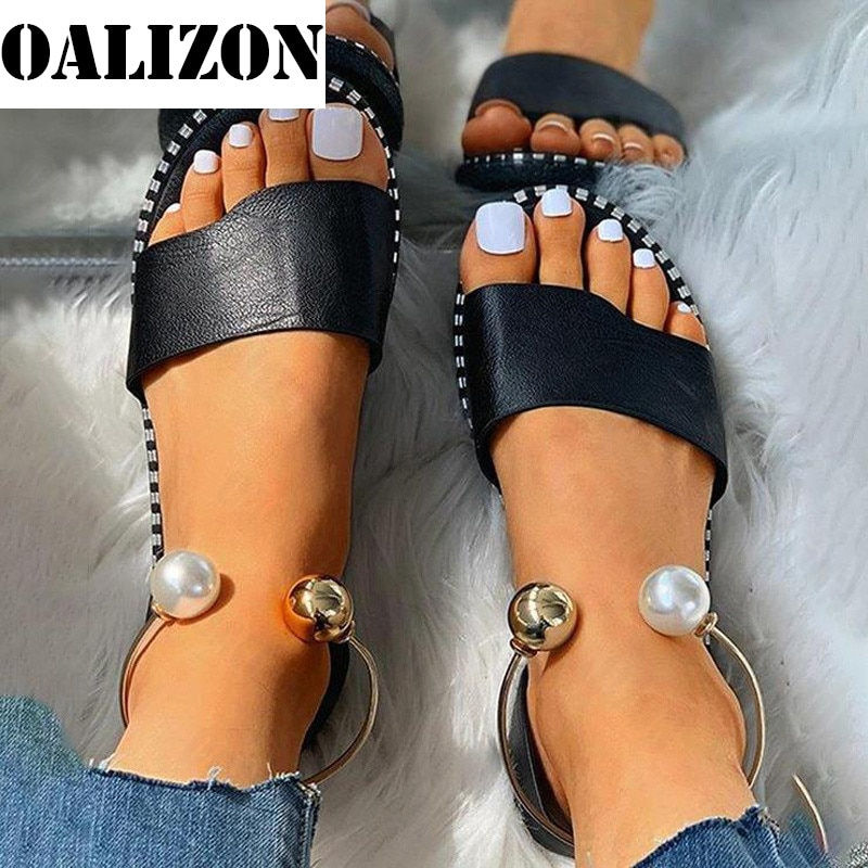 Thumbnail: 2023 New Summer Women Beaded Pearly Sandals Slippers Shoes Ladies Flats Sandals