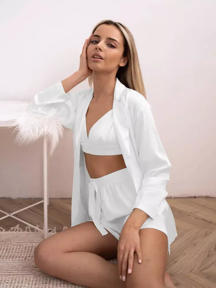 Thumbnail: Long Sleeve 3 Piece Robe Sets Top And Shorts Gorgeous Female  Set Women Loose
