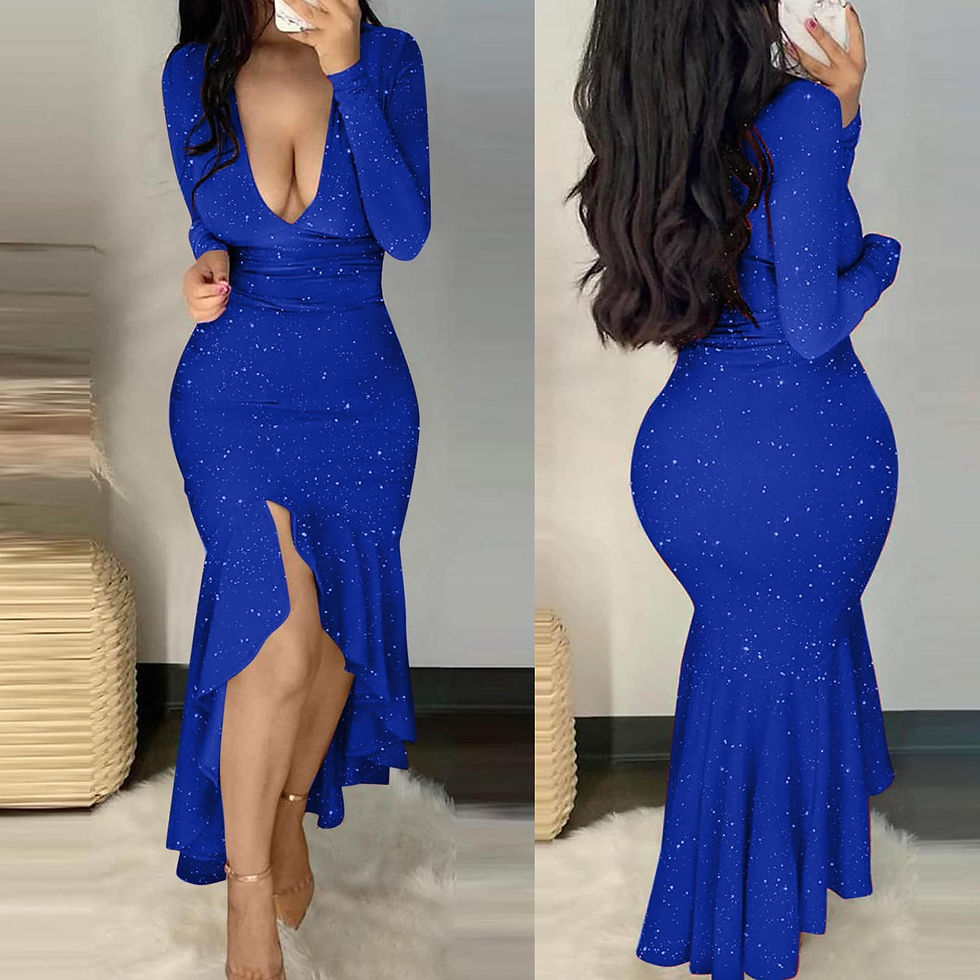 Thumbnail: Sexy Glitter Long Sleeve Deep V-Neck Mermaid Dress for Women Party Club Ruffle