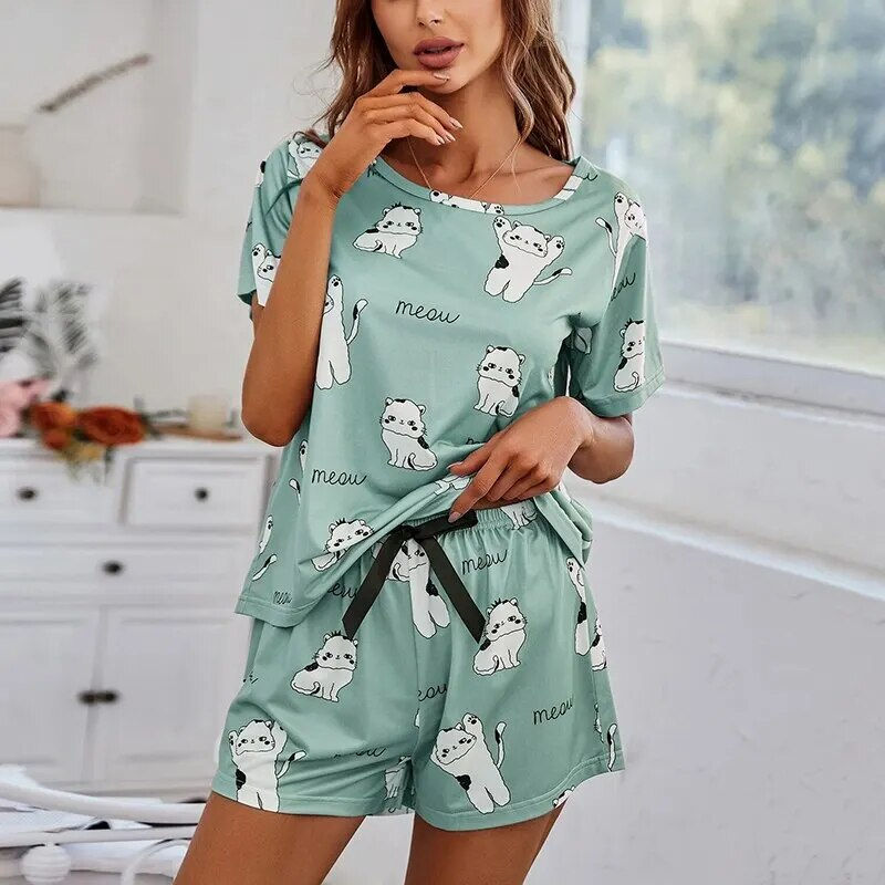 Miniatura: Women Pajamas Sets Short Sleeve Nightwear Top and Pants Sleepwear 3 Piece Pjs L