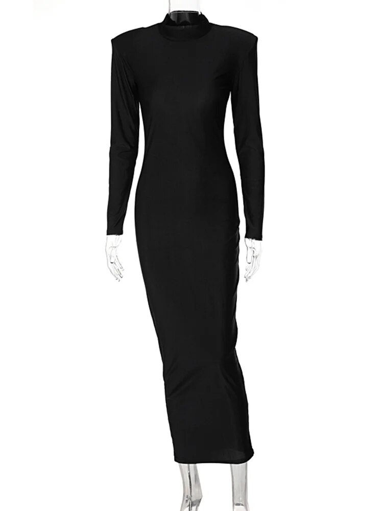Küçük resim: Hugcitar Solid Long Sleeve With Shoulder Pads Turtleneck Maxi Dress 2023 New Ye