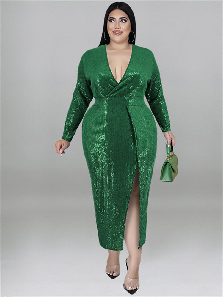 Миниатюра: Perl Plus Size Women Clothing Sequins Party Dresses Autumn V Neck Bodycon Elega
