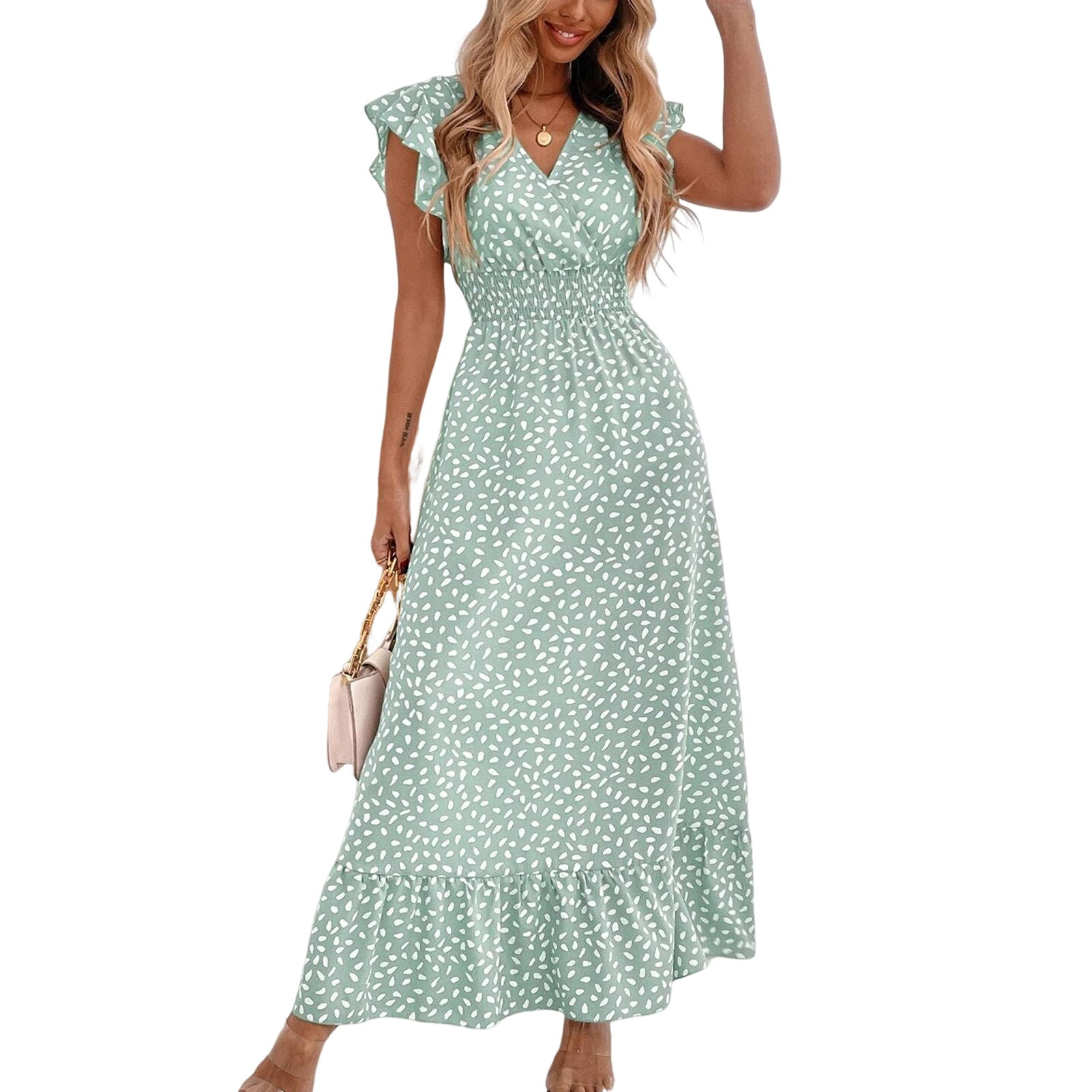 Women Ruffle Maxi Dress Bohemian Style Dot Printed Waisted Cute Dress V Neck Sh
