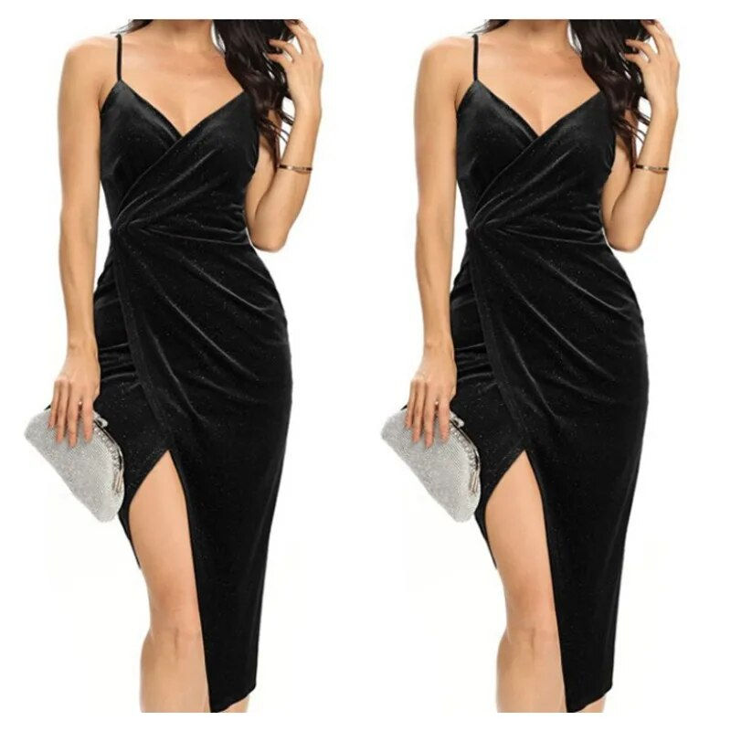 Thumbnail: Cross Border European And American Women's Gold Velvet Strap Mid Length Dress S