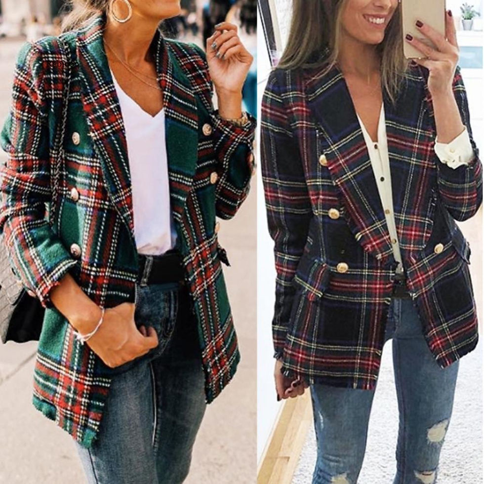 Miniatura: Red Plaid Blazer Women Spring-Autumn Vintage Tweed Suits Jackets Office Ladies