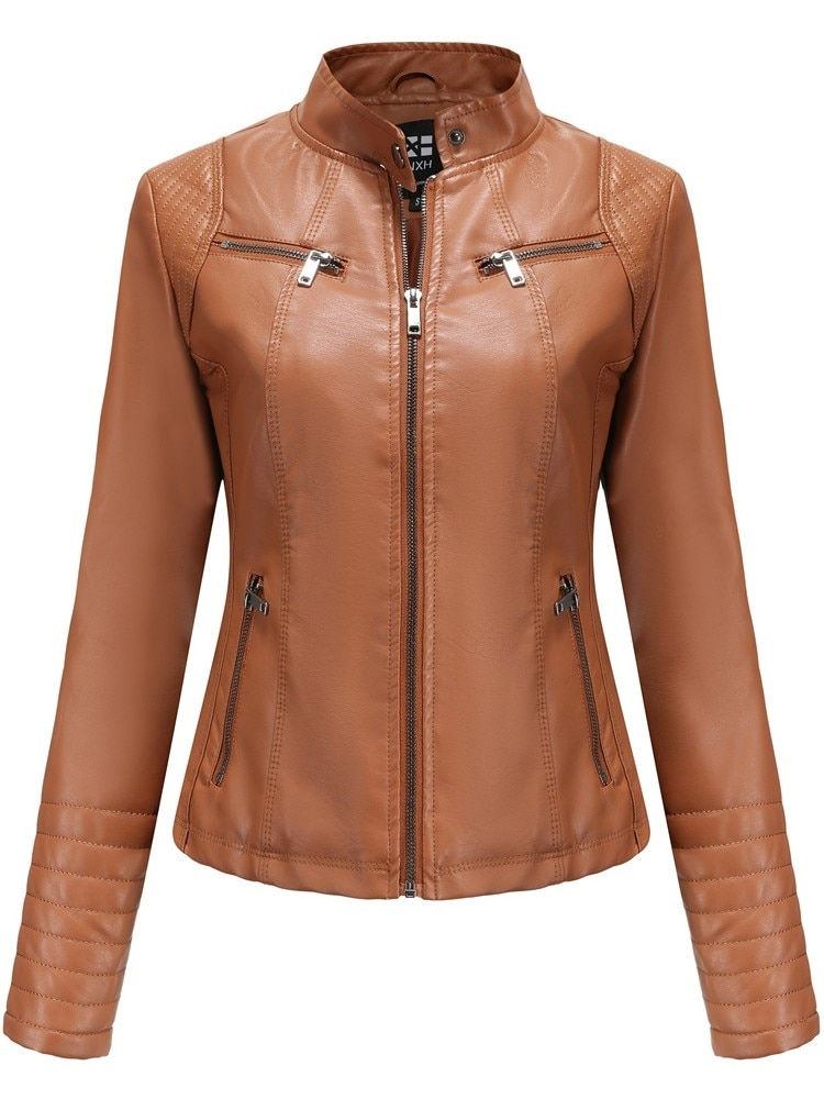 Миниатюра: Women Faux Leather Jacket Autumn Winter Long Sleeve Plus Size  Ladies Solid Zip