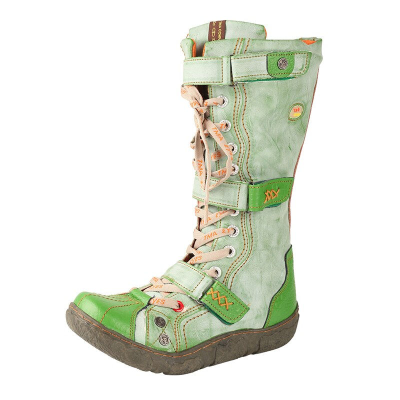 Thumbnail: TMA EYES Strape-Accent Washed PU Leather Flat Women's Boot With Plus Size