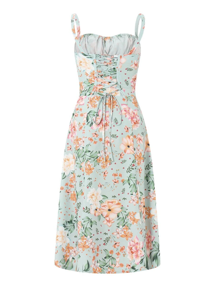 Thumbnail: Women s Vintage Floral Print Maxi Dress Spaghetti Strap Square Neck A-Line Slit