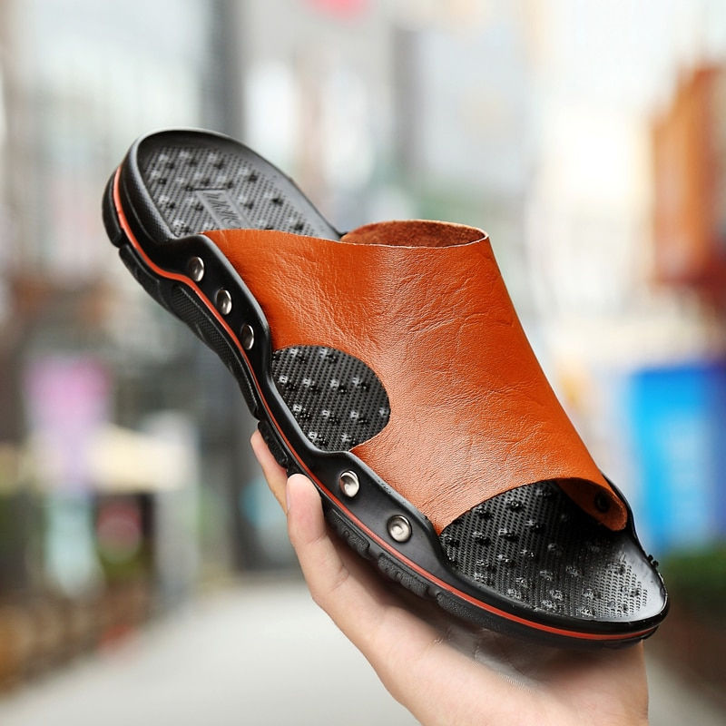 Thumbnail: Summer Men Slippers Genuine Leather Breathable Clogs Sandals Beach Classics Lea