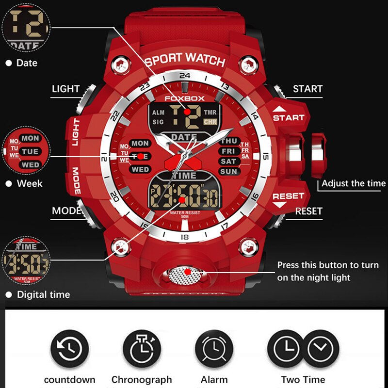 Thumbnail: New Men Watch Dual Time LED Digital Watch for Men Waterproof Chronograph Quartz