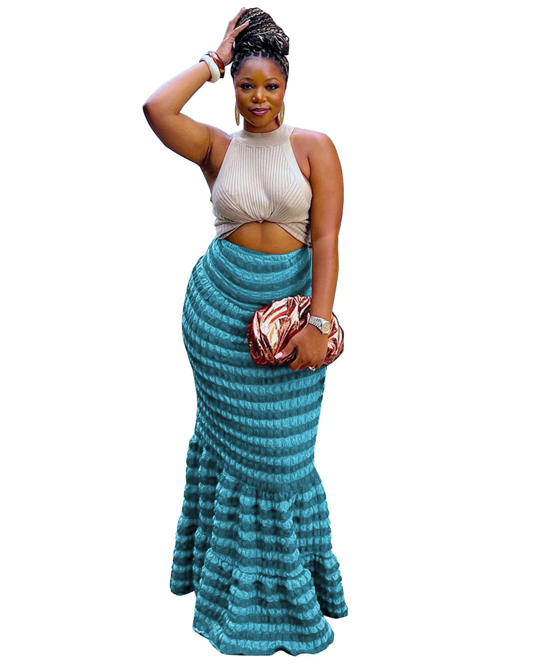 Women Plaid Ruffles Hem High Waist Bodycon Trumpet Maxi Long Skirt 2023 Vintage